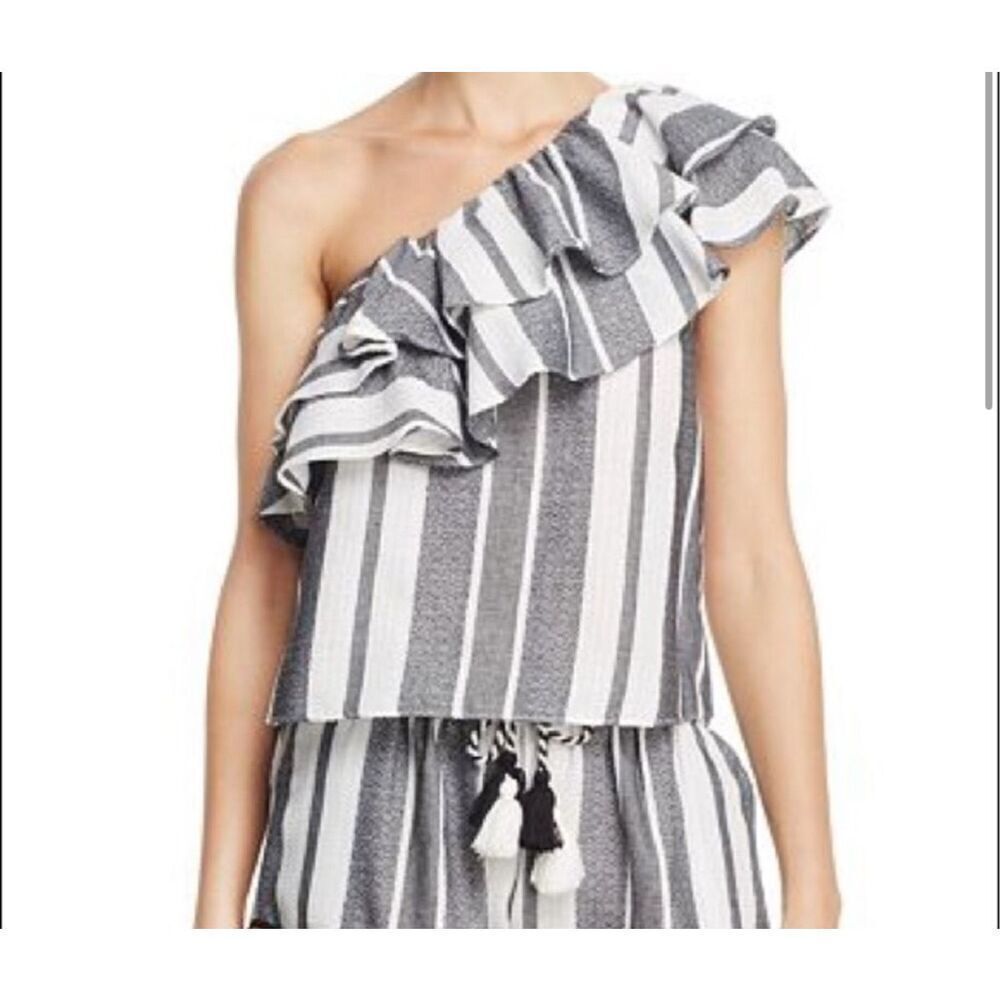Misa Los Angeles Gray White Klea Stripe Ruffled One Shoulder Cotton Top Medium
